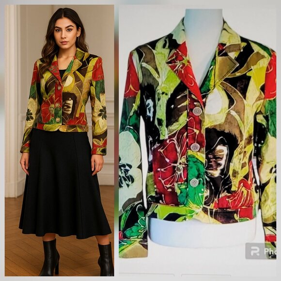 Chico's Artsy Autumnal Floral Bomber Blazer Jacket Art to Wear Sz Small - Picture 2 of 11